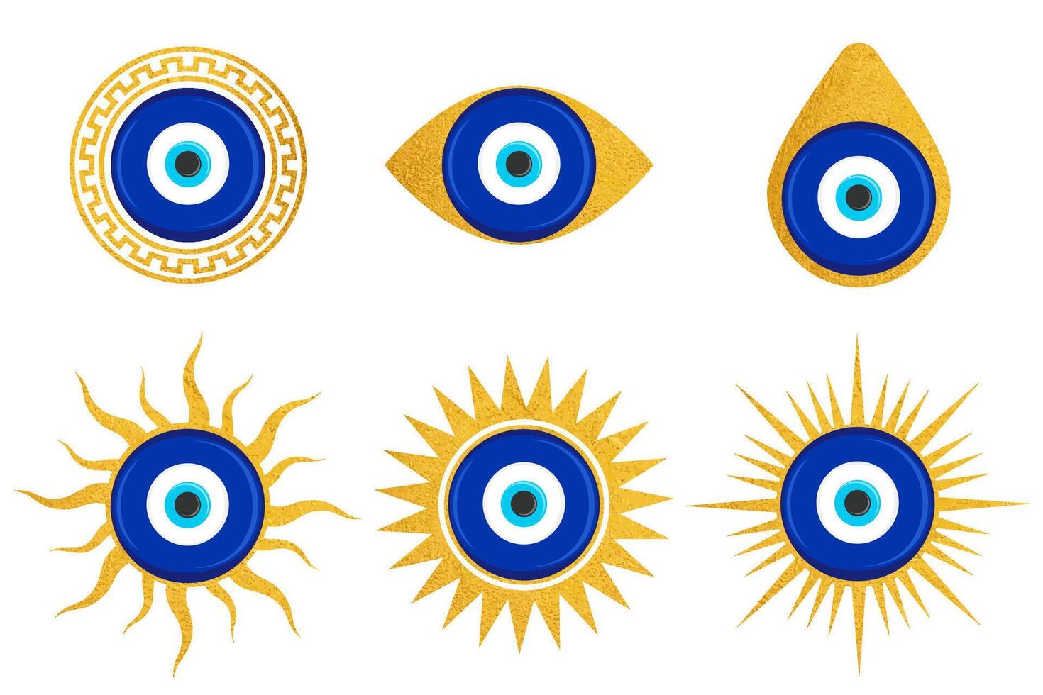 Evil eye blue Turkish symbol set. Magic nazar bead. Greece and Turkish amulet esoteric design for luck and protection with golden frame vector