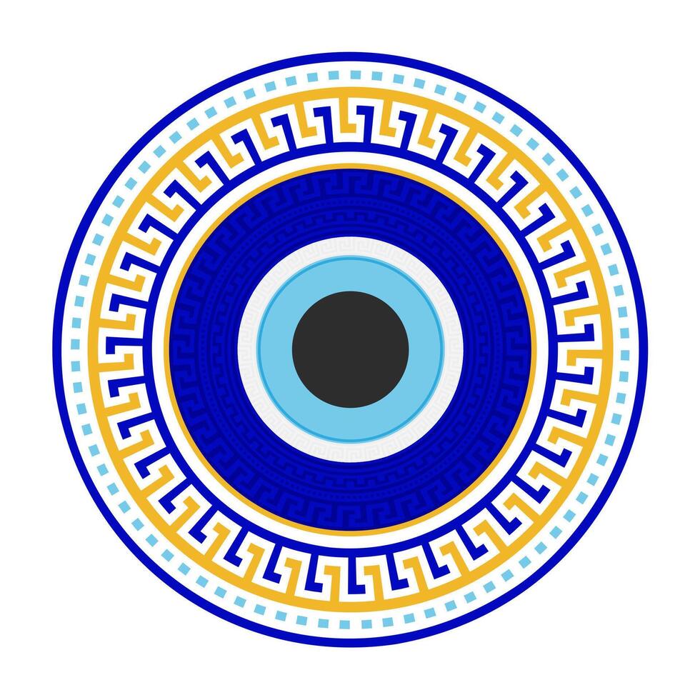 Evil eye bead. blue nazar with mandala frame for luck protection and energy. Circle amulet with Greek key pattern. Greek magic symbol. Mystic talisman vector