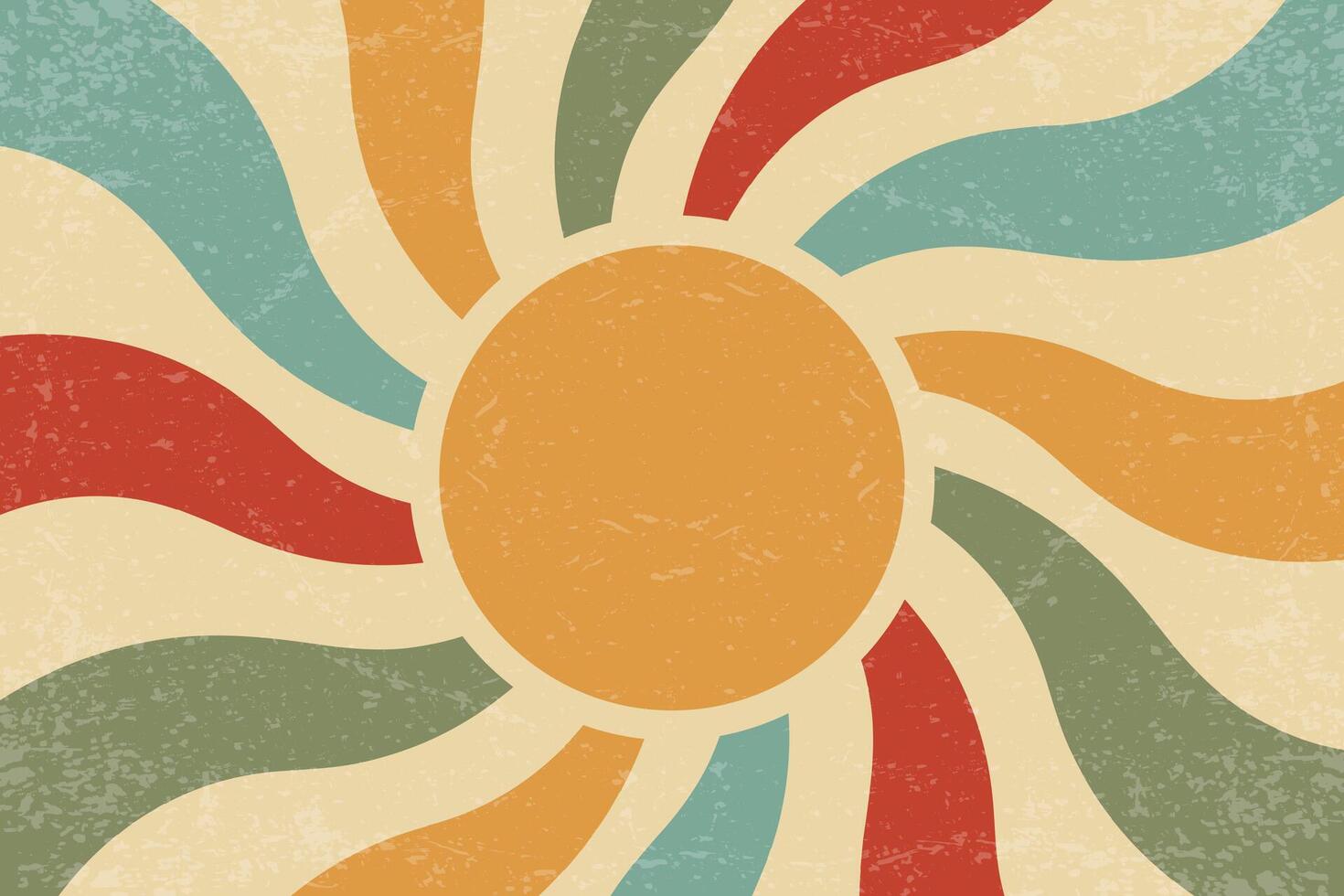 Retro sun background. Summer poster. Abstract vintage radial rays. 70s groovy design with grunge texture. Old style color wallpaper. Festive modern banner vector