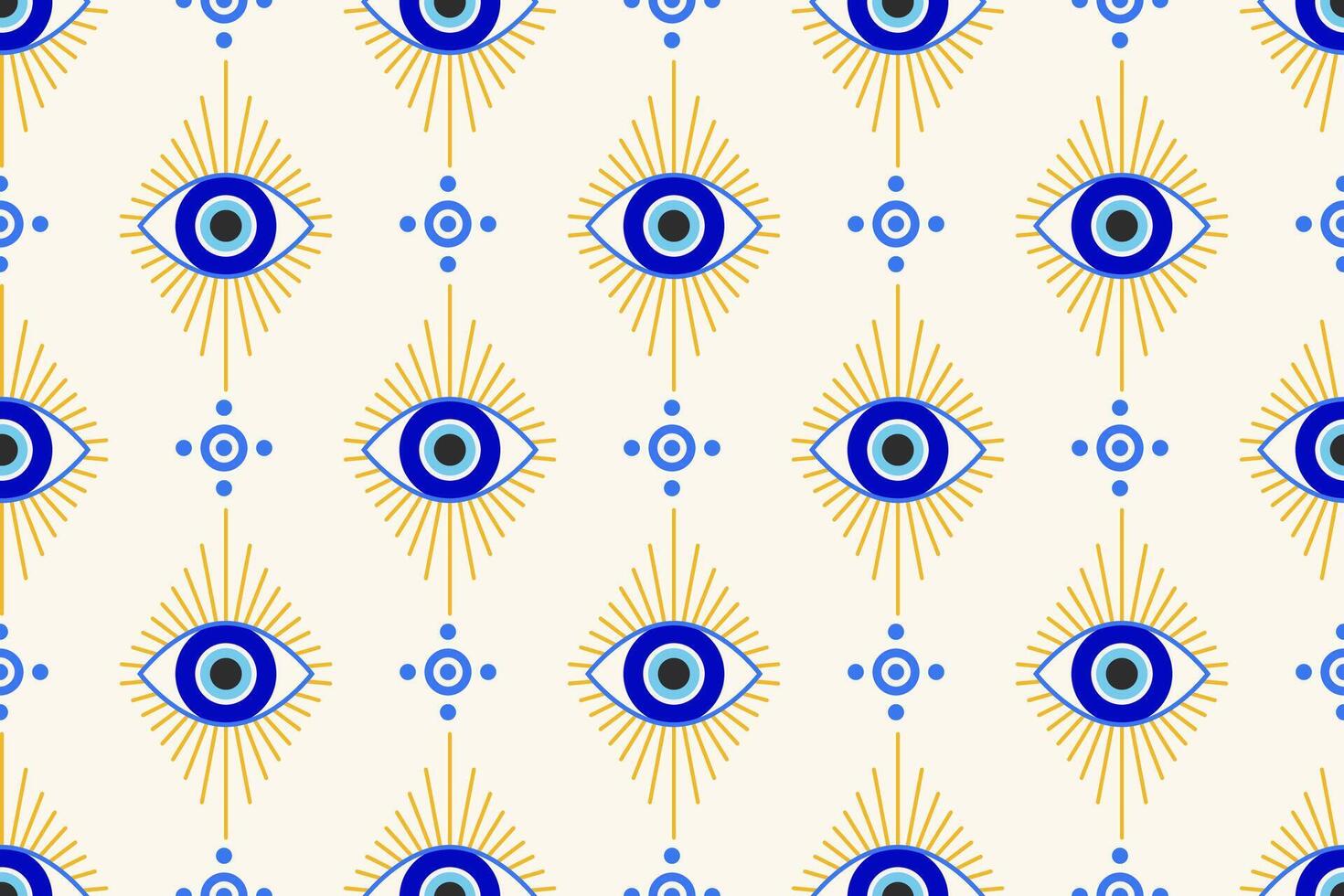 Evil eye Greek seamless pattern. Turkish background with blue beads and magic nazar. Mystic amulet is the symbol of protection and luck. Arabic and Mediterranean ethnic wallpaper vector