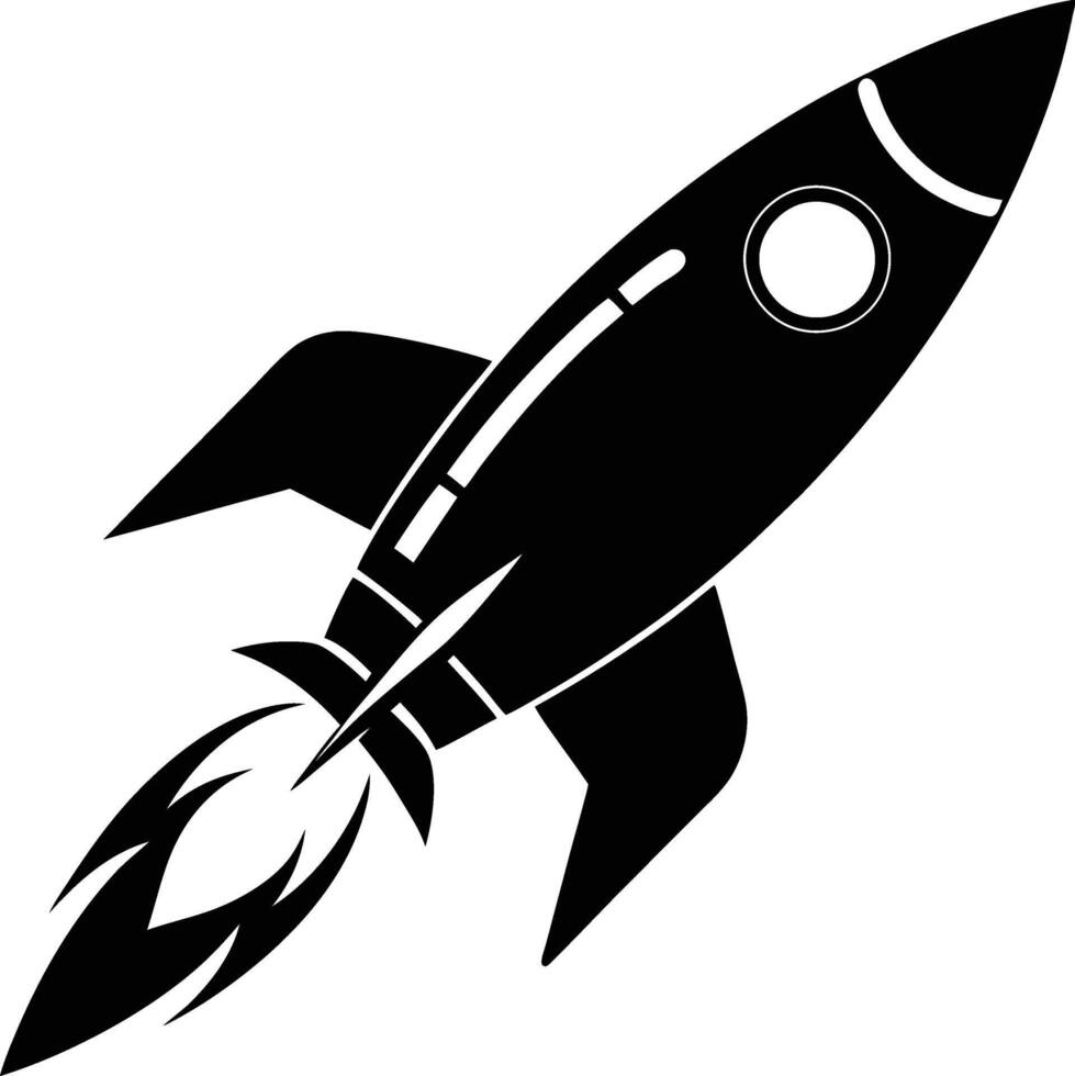A black and white rocket silhouette icon vector