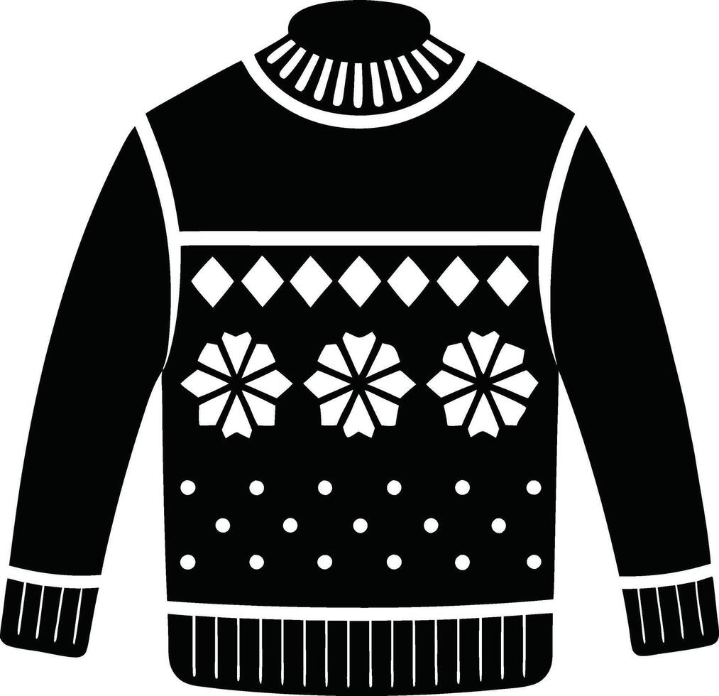 A black and white Silhouette of a Christmas sweater with flower on it vector