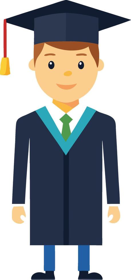 Cartoon illustration of a graduate student in flat style, wearing a traditional graduation cap and gown vector