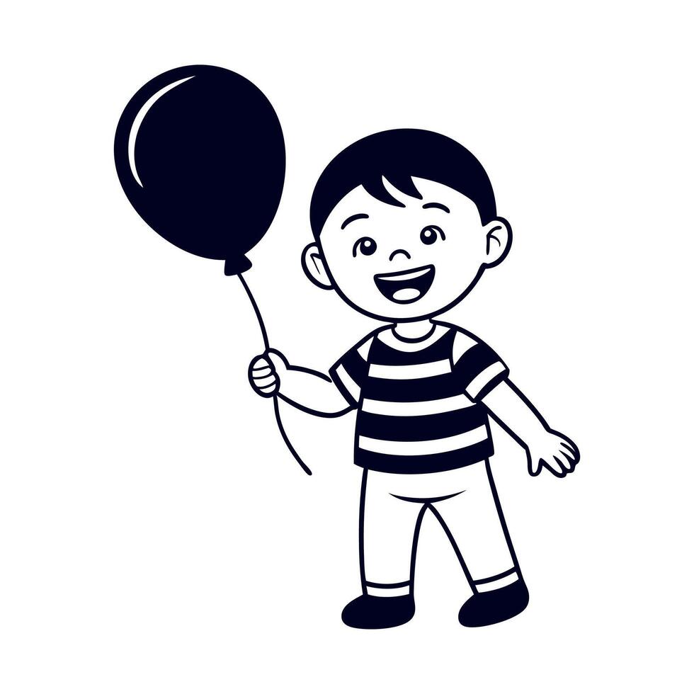 A black and white illustration of a boy holding a balloon vector