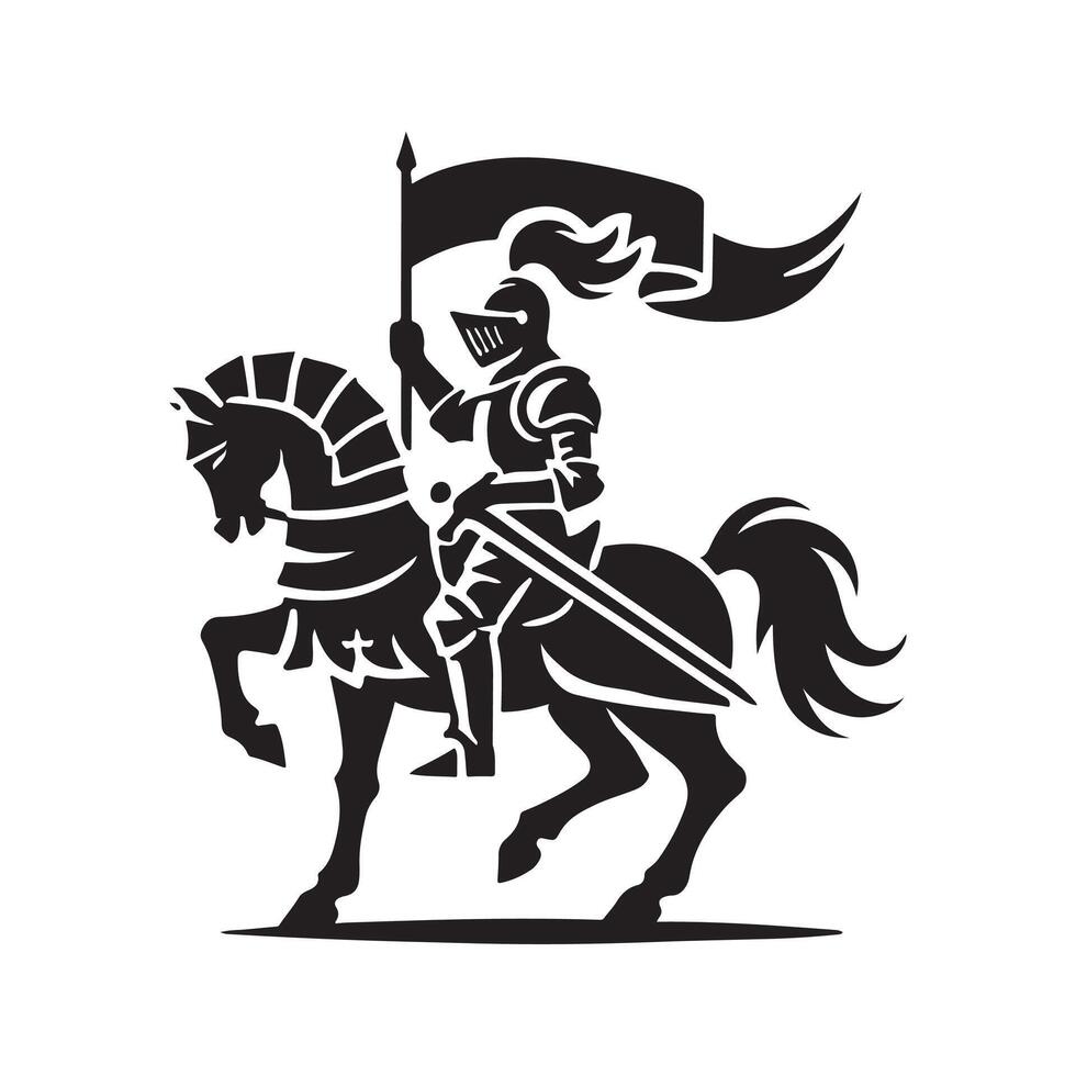 Knight on horseback with flag and sword vector