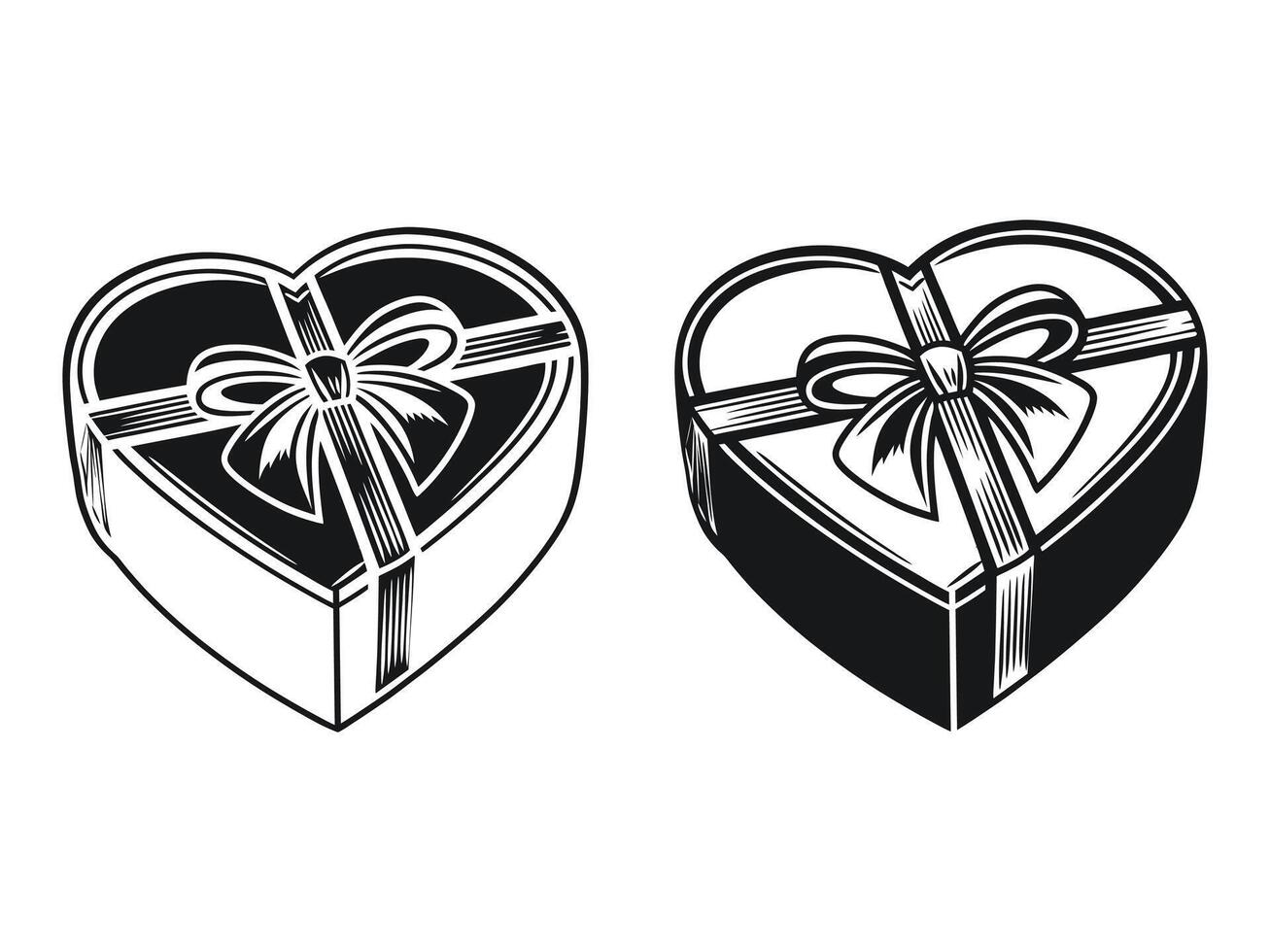 Heart Shaped Box with Ribbon, Holiday love gift box Silhouette Set, Stylish and Editable Icons on white background. vector