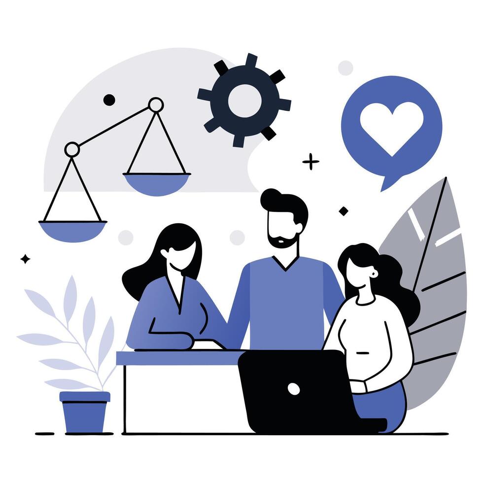 People working on a laptop and a heart vector