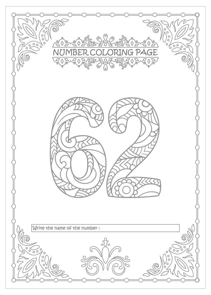 The number 62 coloring page vector