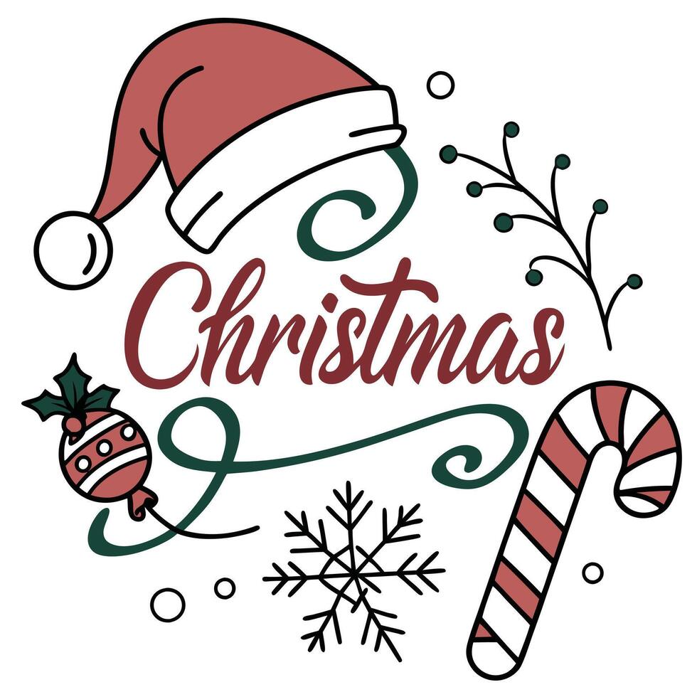 Christmas lettering with candy canes and santa hat vector
