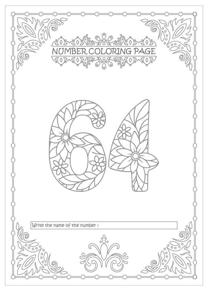 The number 64 coloring page with a floral design vector