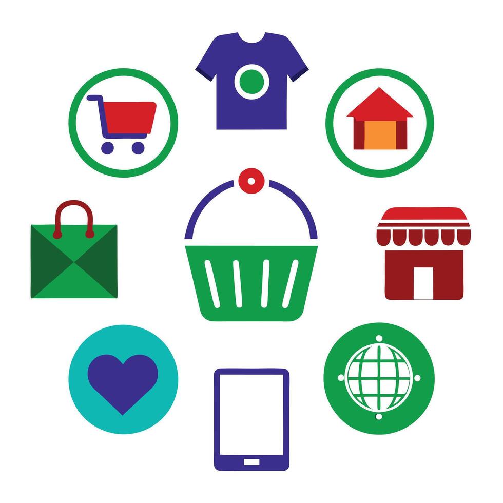 A set of icons that include a shopping basket, a phone, a heart, a house, vector