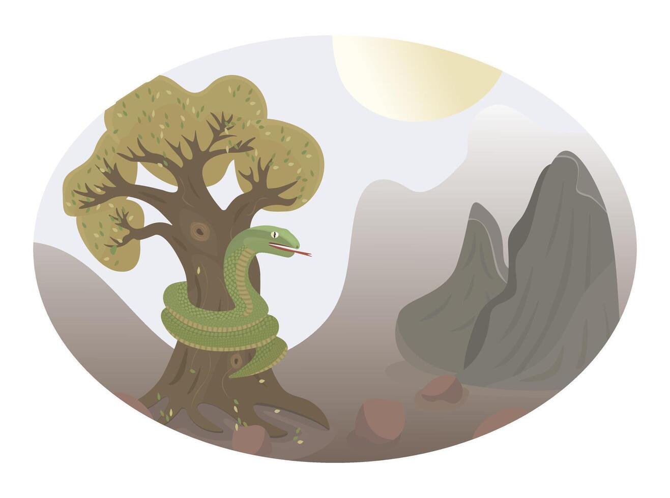 Green snake on the tree, a large reptile wraps around an oak, color illustration vector