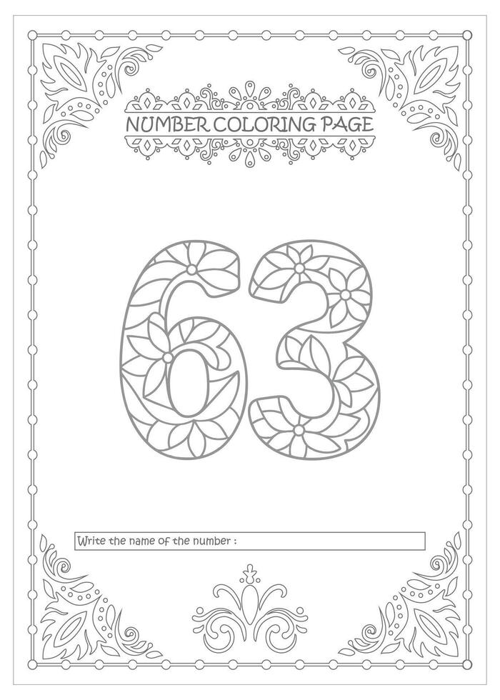 The number 63 coloring page with a floral design vector