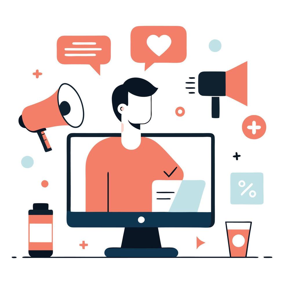 A man is sitting on a computer with a megaphone and other icons vector
