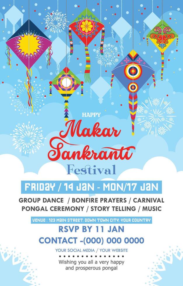 Happy Makar Sankranti Festival vertical poster template with flat design concept vector