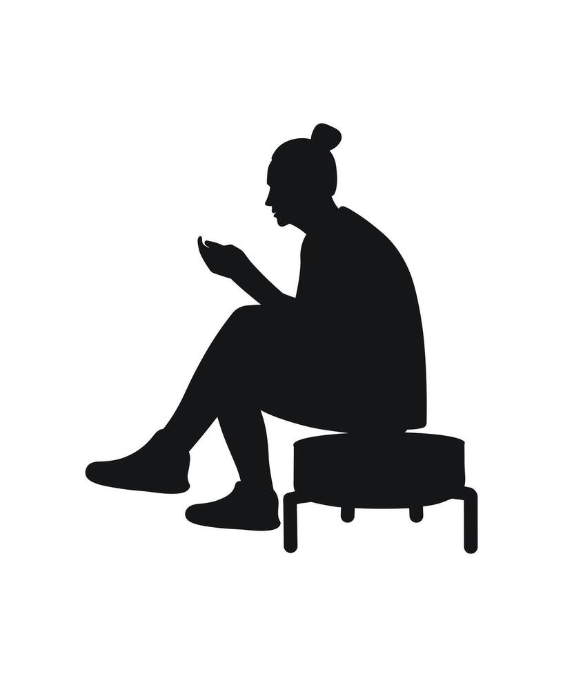 Girl sits with a phone on a banquette, silhouette of a female figure vector