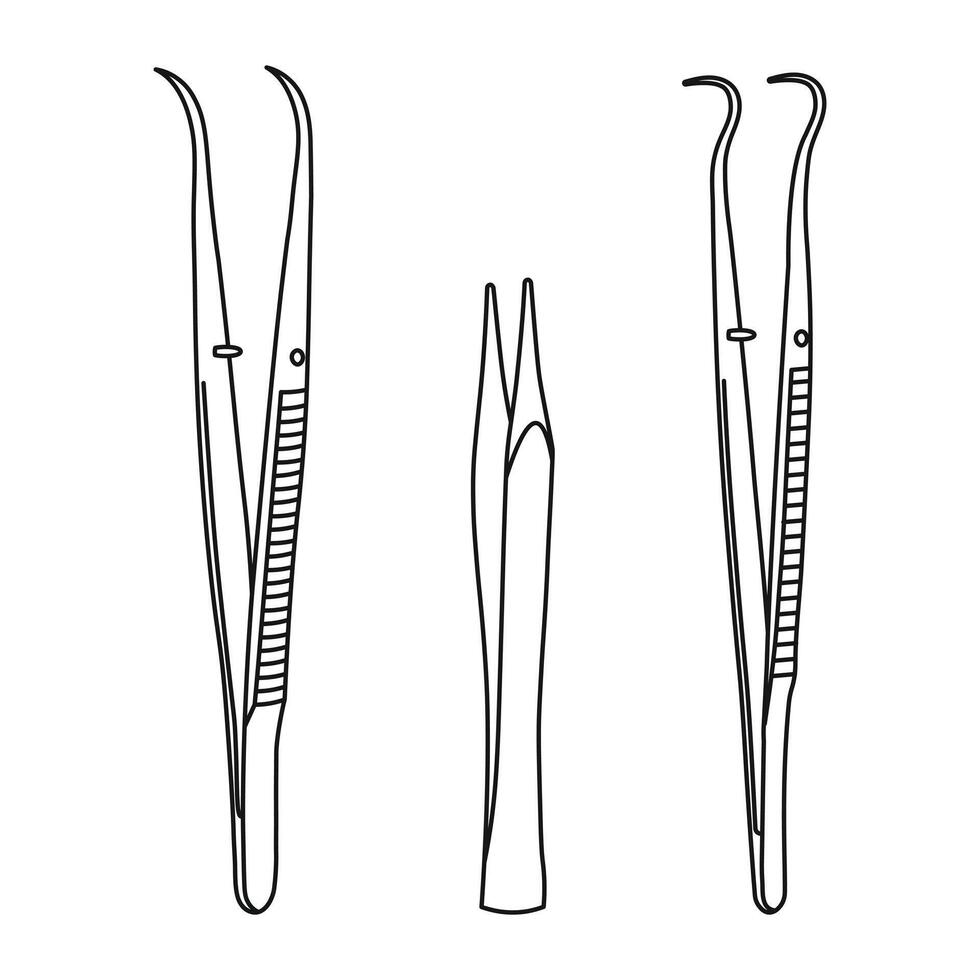 Tweezers silhouette set. Straight and curved pointed tweezers, for use by medic, doctor, dentist, orthodontist vector