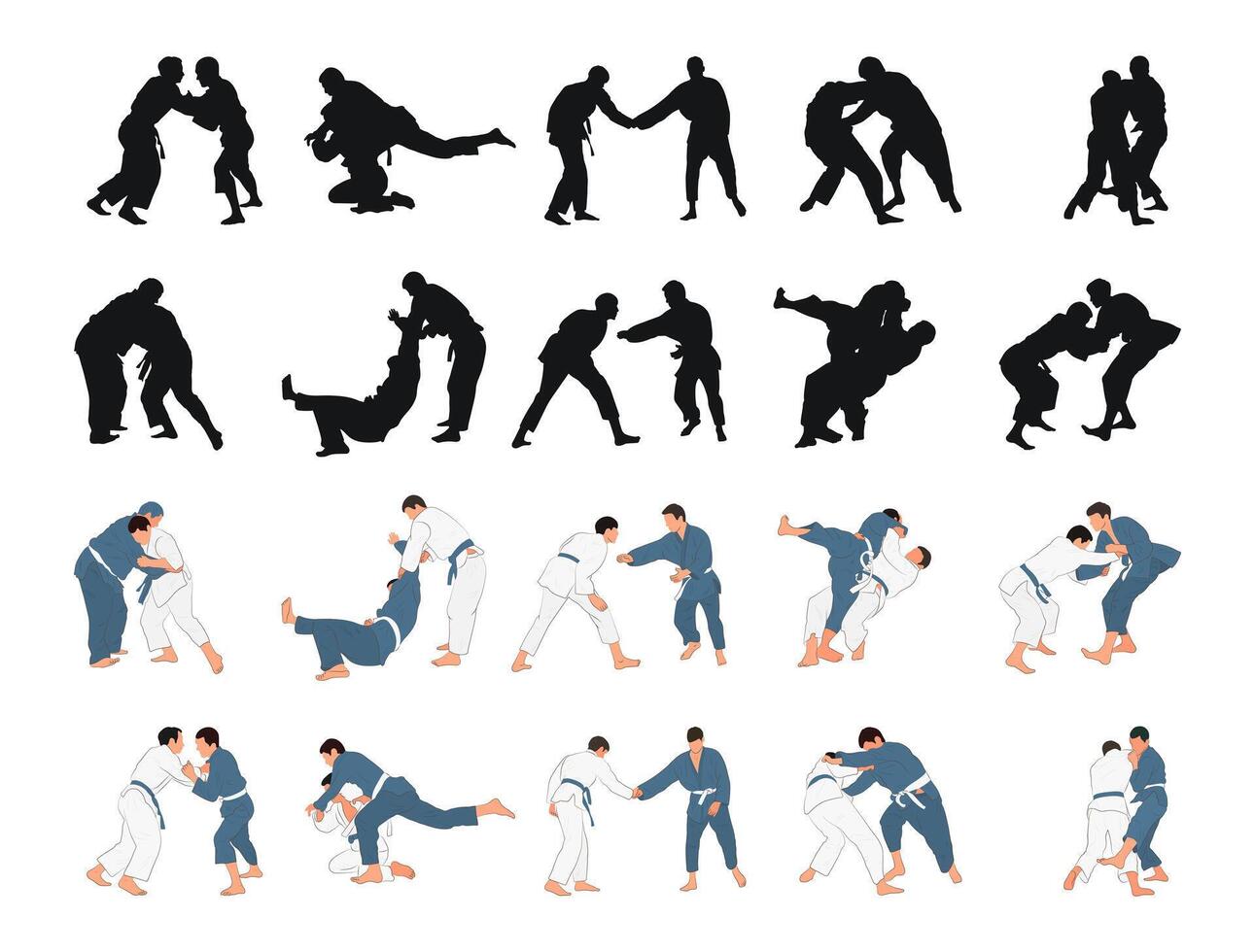 Judo set silhouettes on white background. Different action, pose. Martial arts, jiu jitsu, sport vector