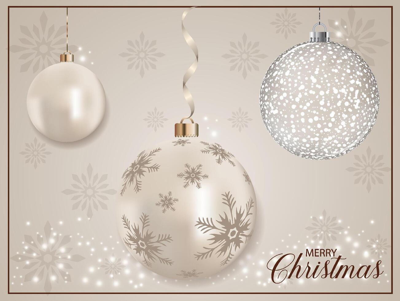 Hanging 3D Metallic realistic Xmas ball with brown snowflakes decoration, glitter and background. vector