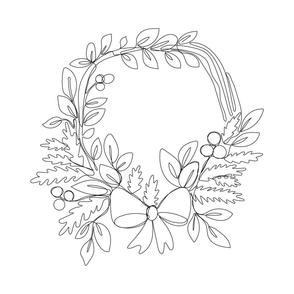 Christmas wreath with bow. Single line illustration vector
