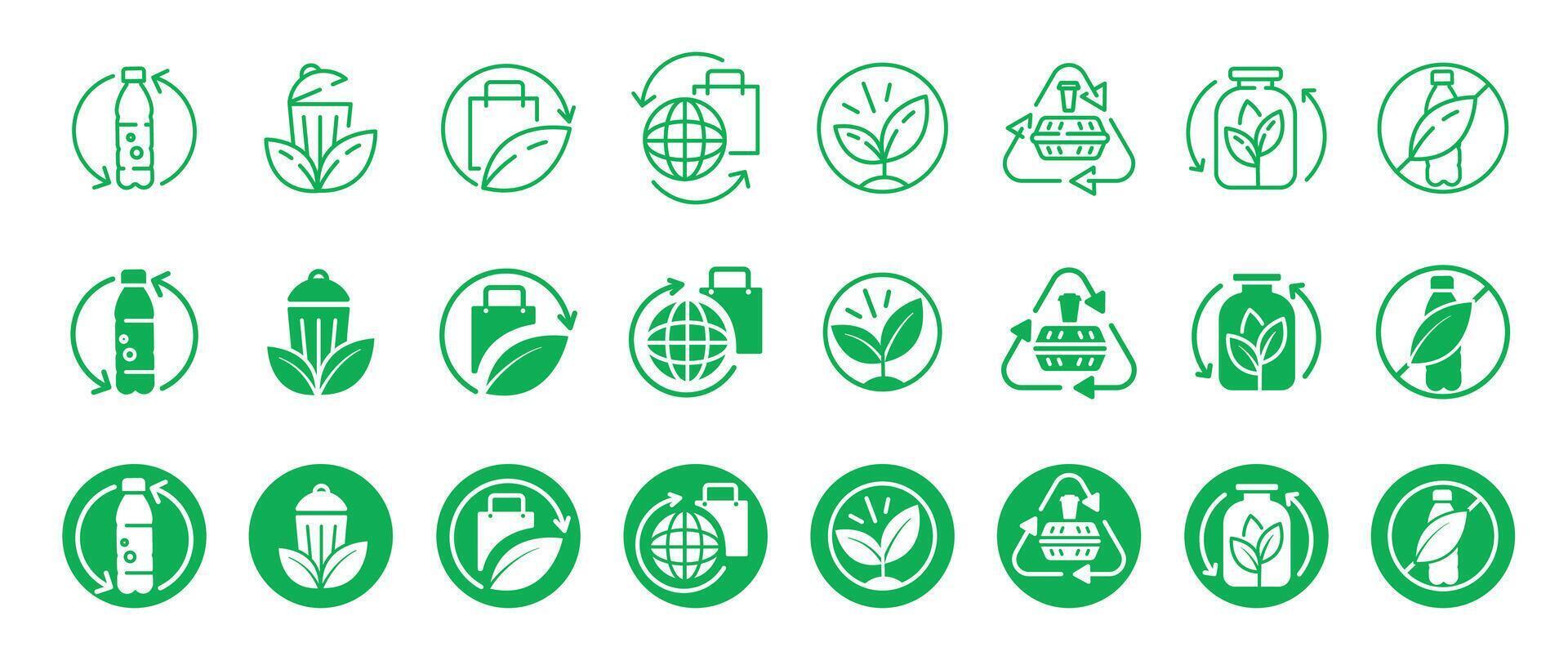 Big set of Zero Waste Icons, Circular Green Icons with Recycling, Leaves, Glass, Plastic Elements vector