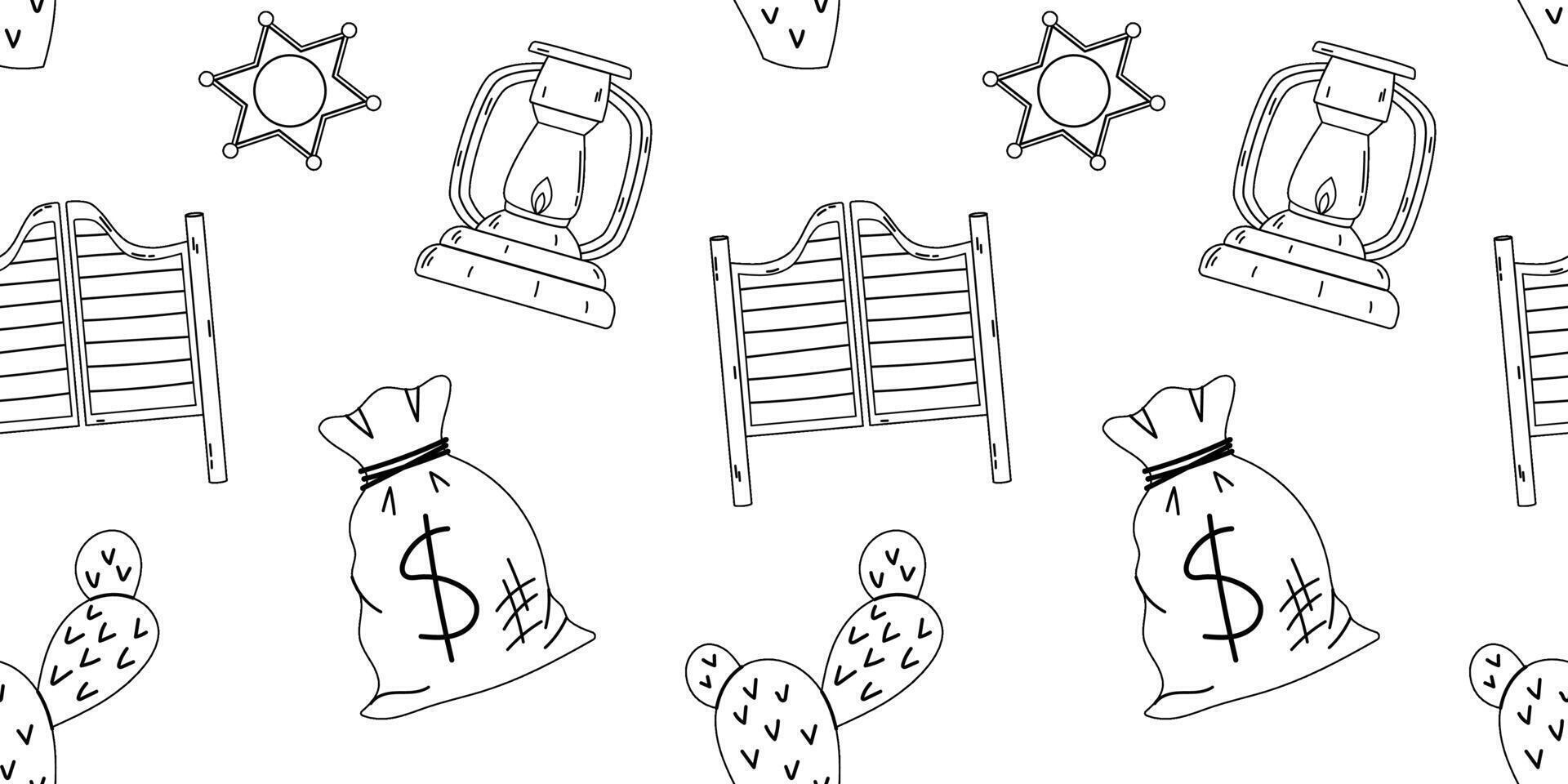 Seamless pattern Wild West theme elements sheriff badges, saloon doors, lanterns, money bags, and cacti. Design is suitable textiles, wallpapers, and stationery with a cowboy or western theme vector