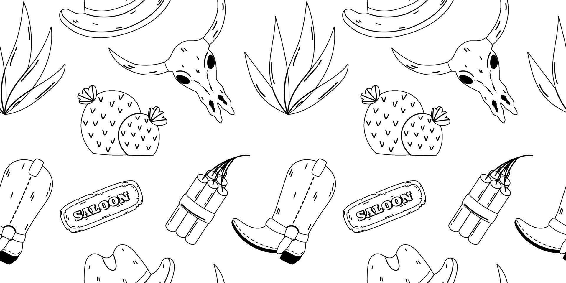 Black and white seamless pattern featuring Wild West motifs, including cowboy boots, cacti, and saloon signs. vector
