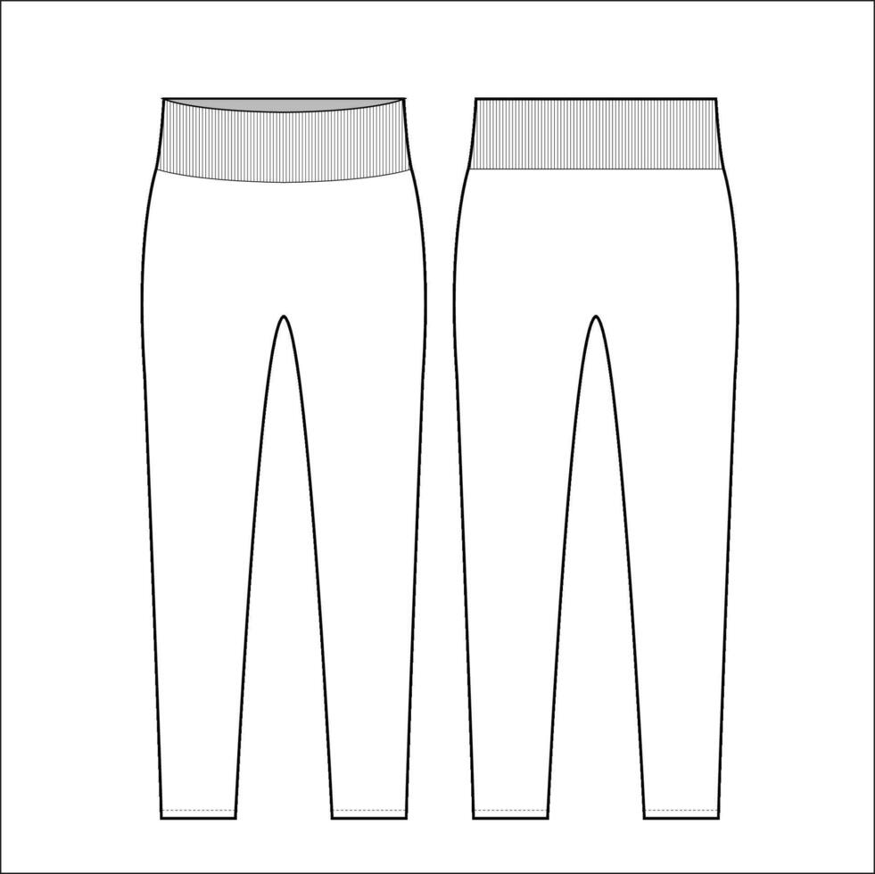 Legging pants technical drawing fashion flat sketch illustration white and black color template for women's. vector