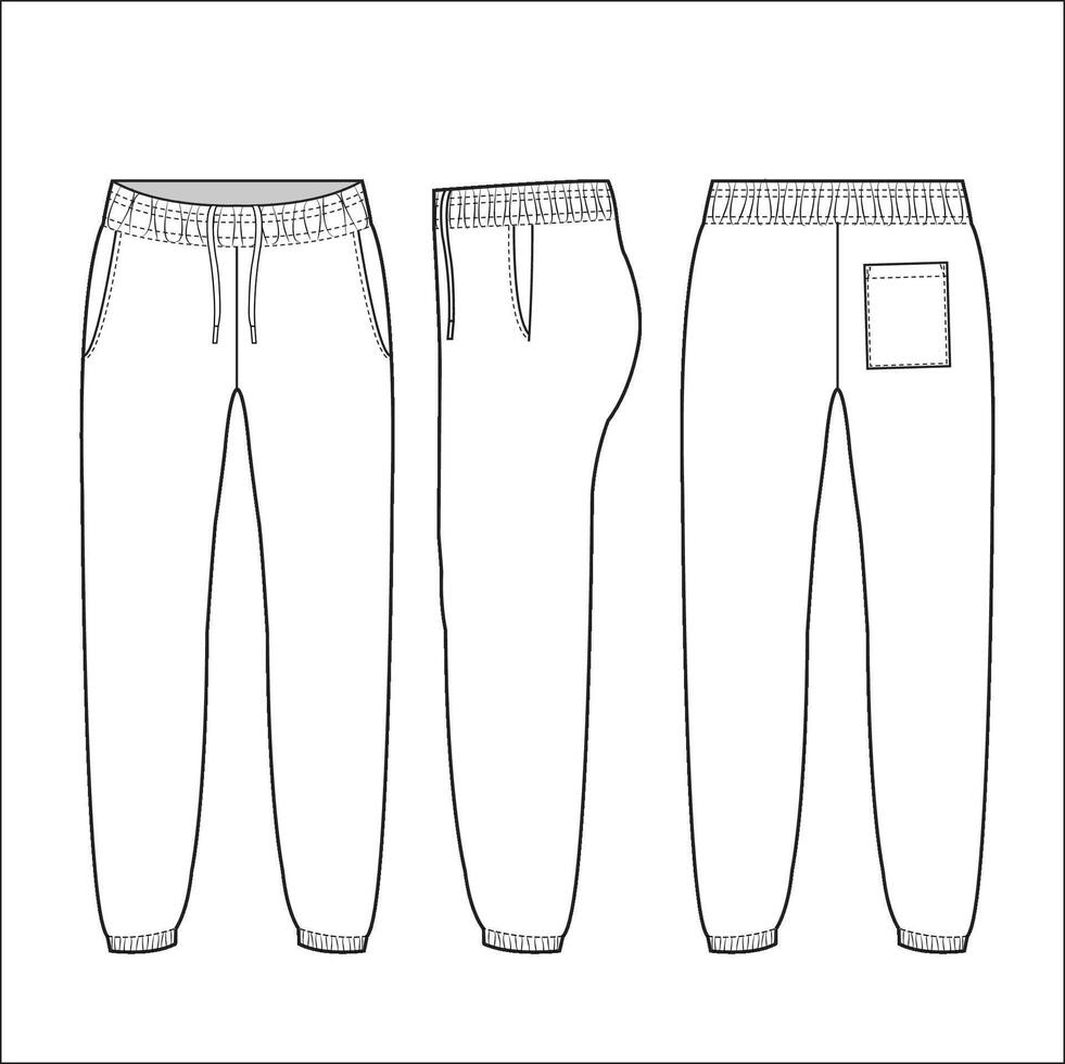 Jogger Pants fashion technical drawing template. Sweat Pants technical fashion Illustration, relaxed fit, pocket, elastic waistband, front, back view, white, grey, women, men, unisex CAD mockup vector