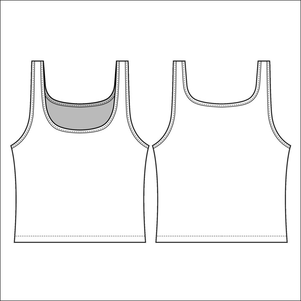 cropped tank top with a Round neckline-Unlined- Slim fit- Slip-on style- Sleeveless women's top, Front, and back fashion flat sketch. vector