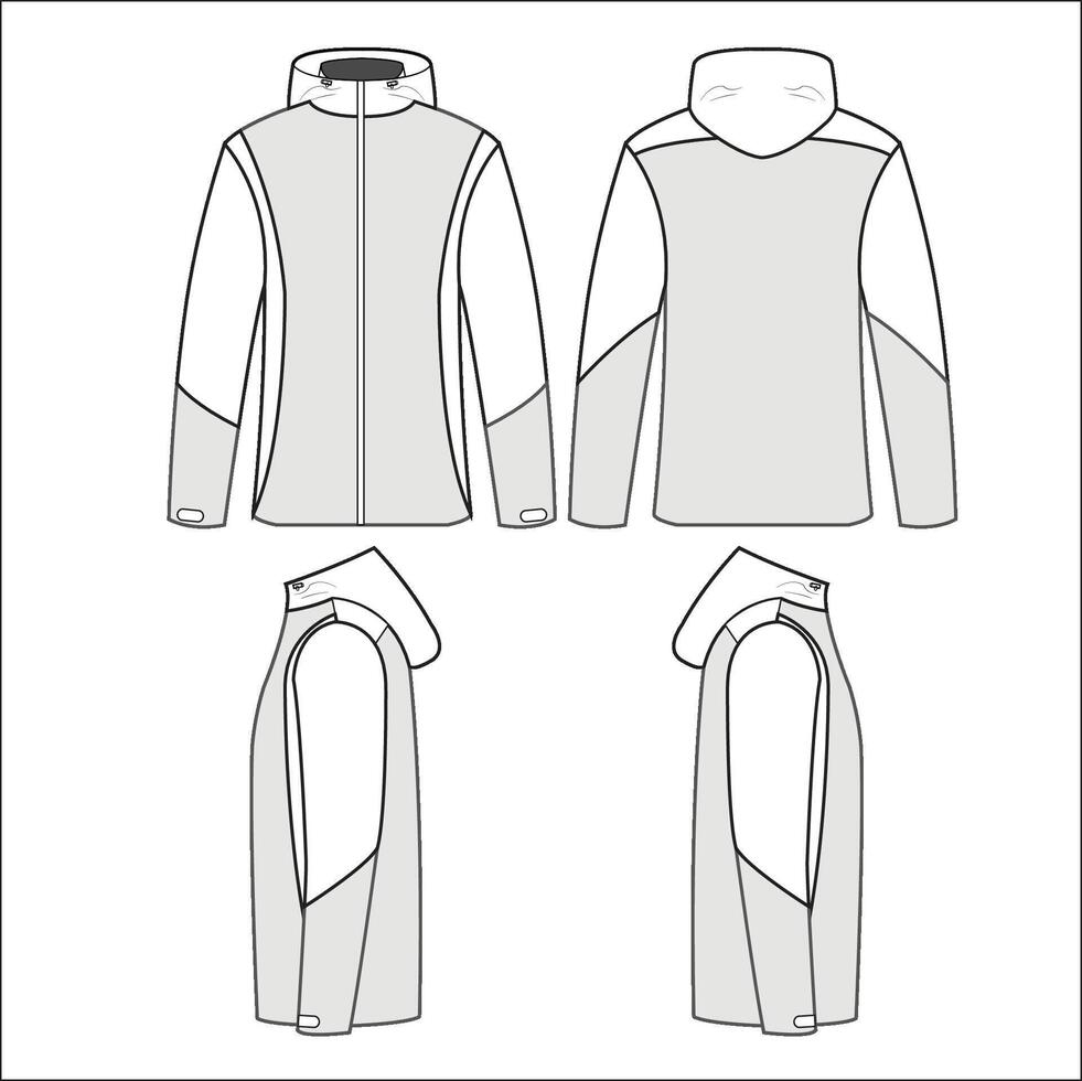 jacket with hooded pockets and wide cuffs. Sewing and trim details. Editable mockup vector