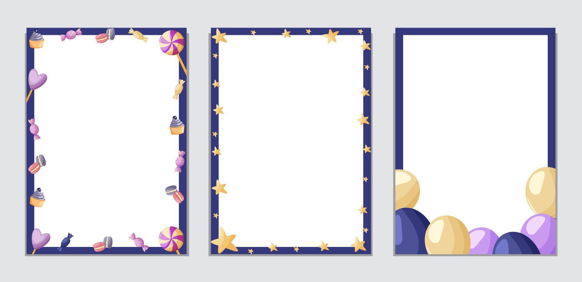 Collection of bright frames for the design of invitations, children's diplomas, congratulations. Frame, stars, balloons, sweets, lollipops. vector