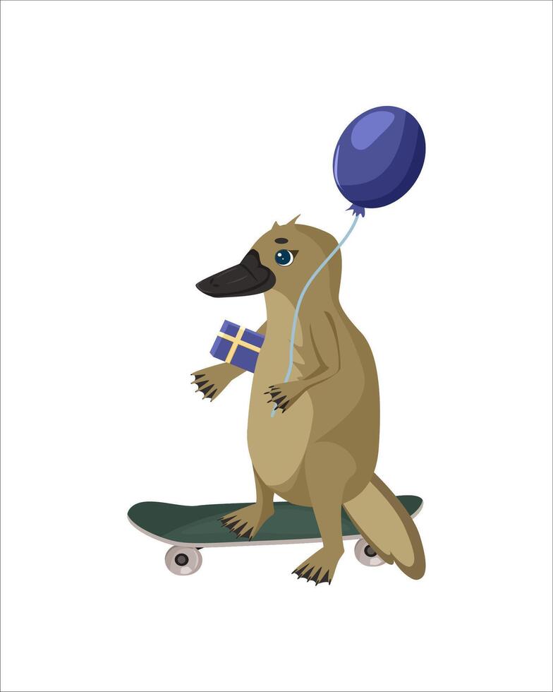 Children cute animal. Duck billed platypus. Platypus on a skateboard with balloon and gift box. Isolated. vector