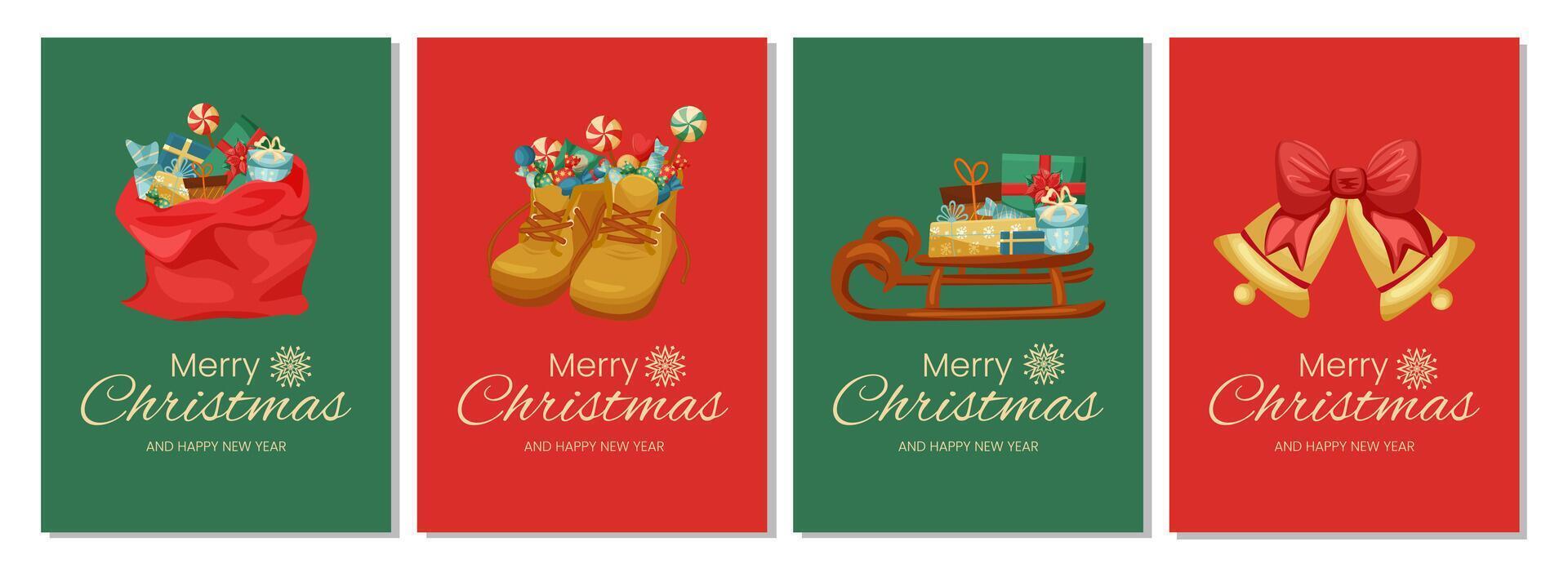 Set of Merry Christmas and New Year cards on a green and red background. Bag and sleigh with gifts, children's shoes with candies, bells. vector