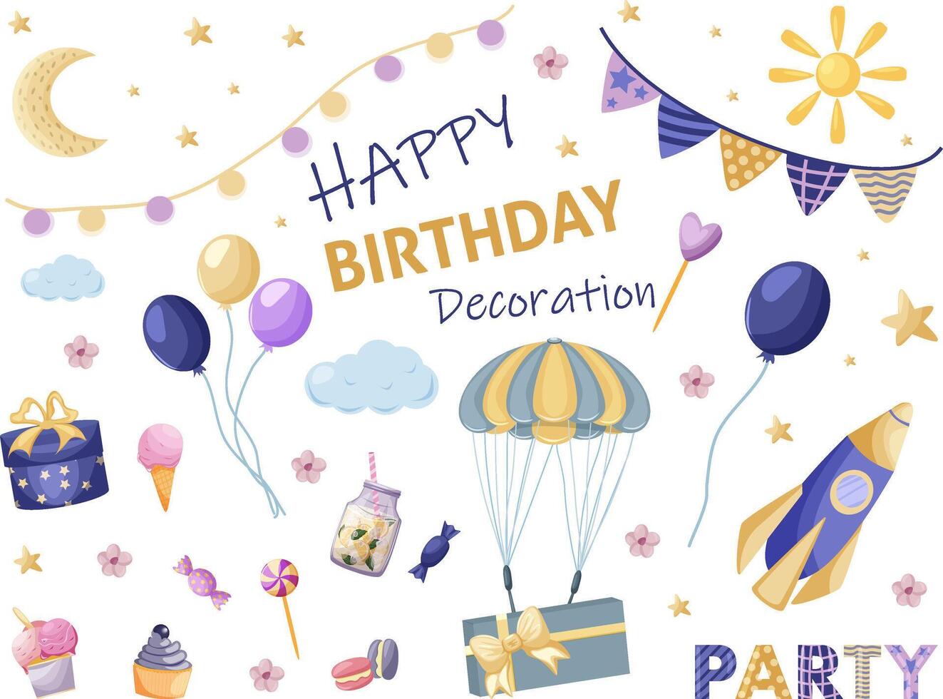 Birthday party decoration elements set. Elements for creating bright cards, invitations to a children's birthday party. Illustration on white background vector