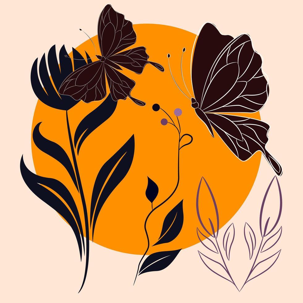 A stylized illustration featuring two dark butterflies fluttering amidst stylized flowers and leaves vector