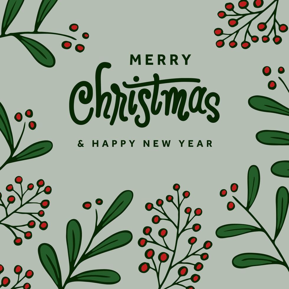 Merry christmas and happy new year greeting card with hand drawn floral design vector