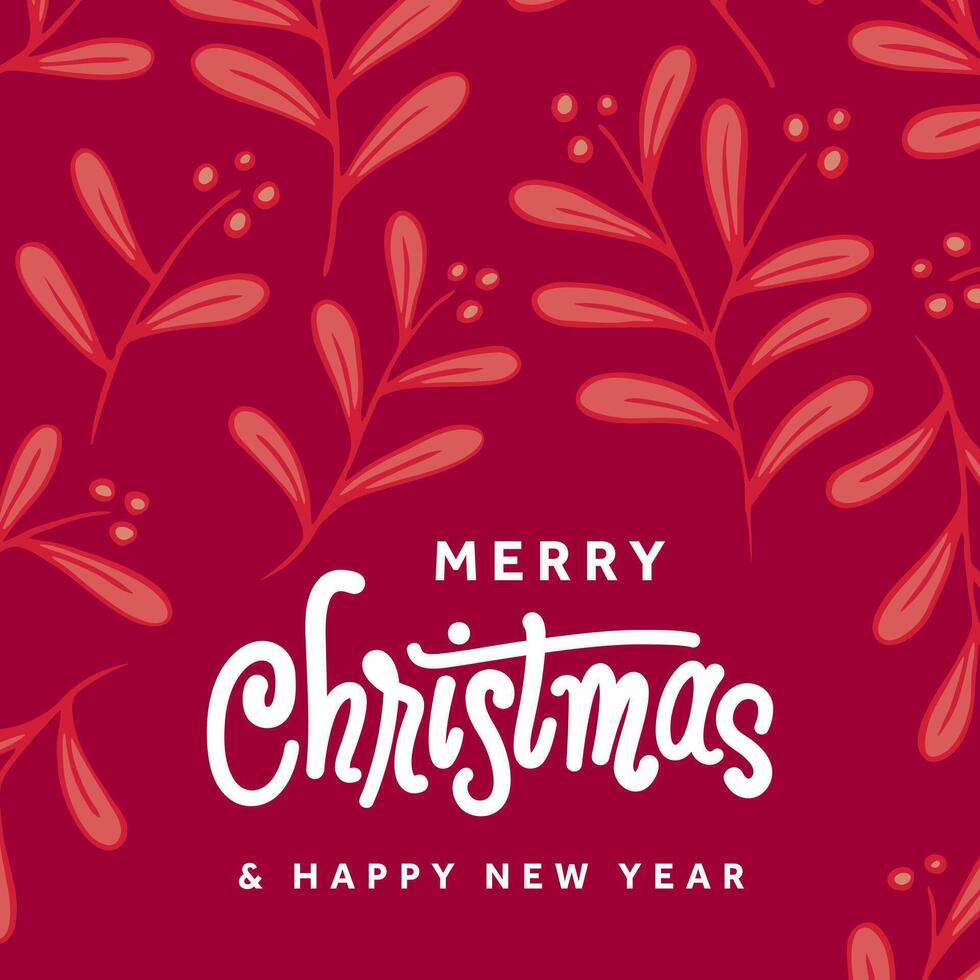 Merry christmas and happy new year greeting card with red background and hand lettering vector
