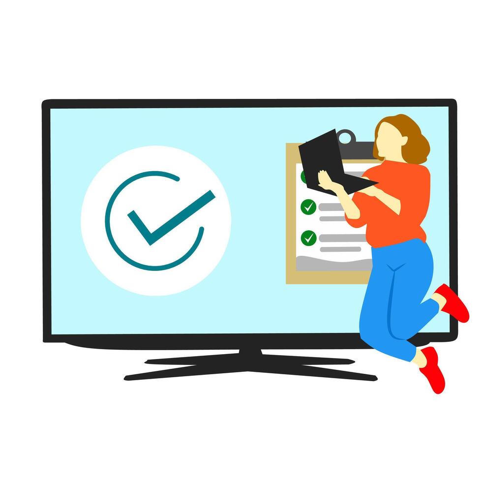 A woman is holding a check mark on a tv screen vector