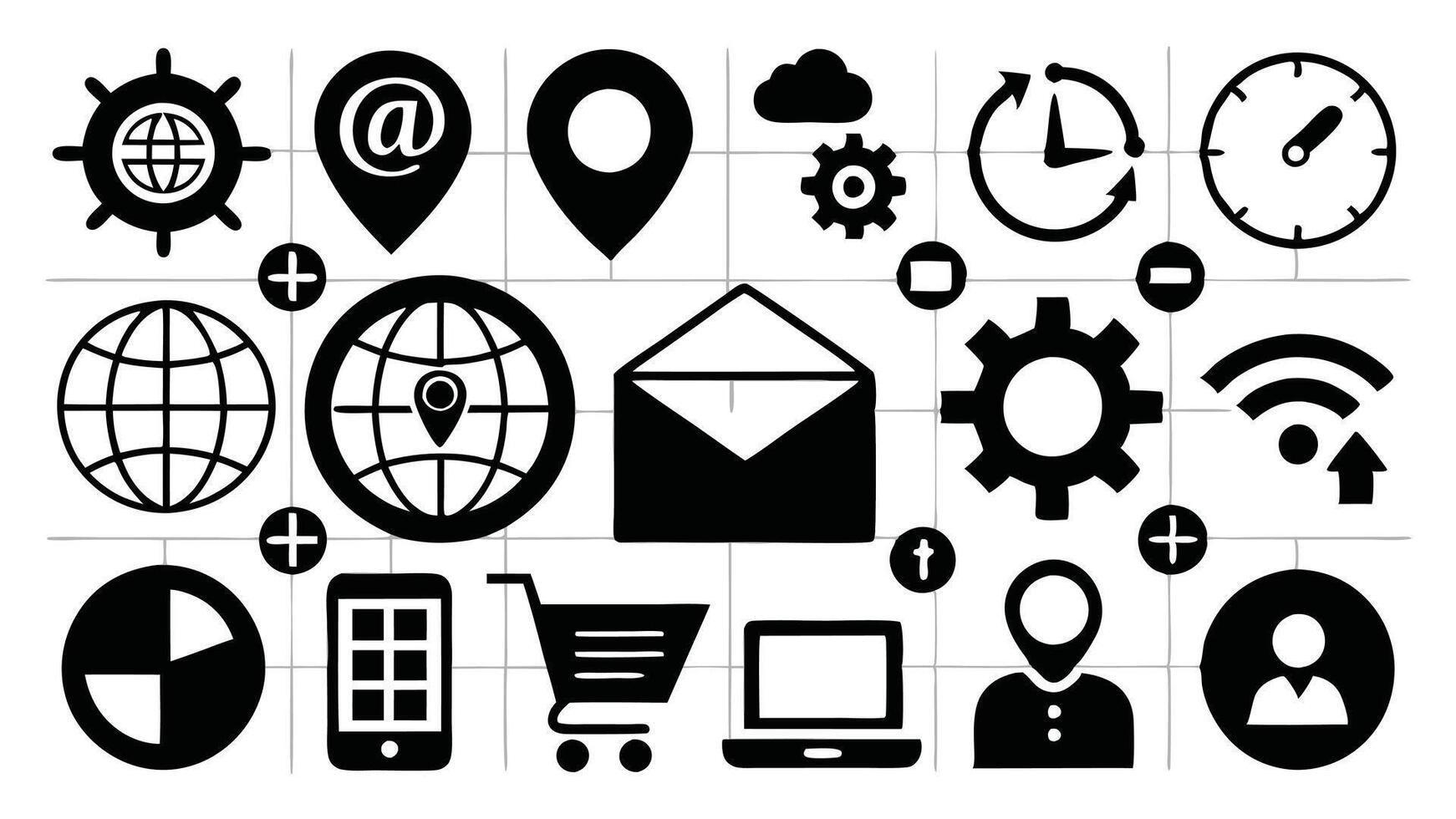 various icons and symbols are shown in black and white vector