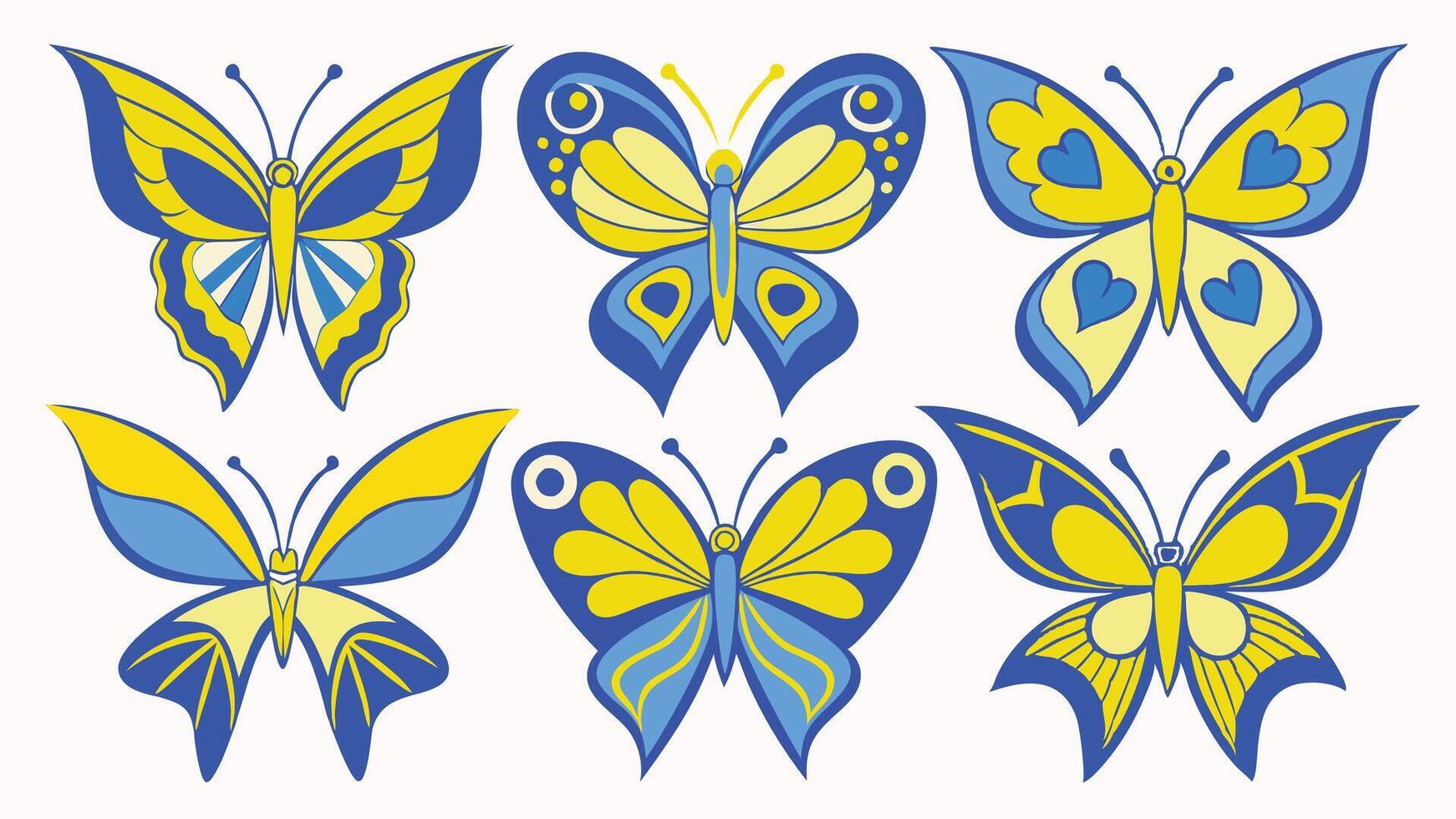 six different butterflies in blue and yellow vector