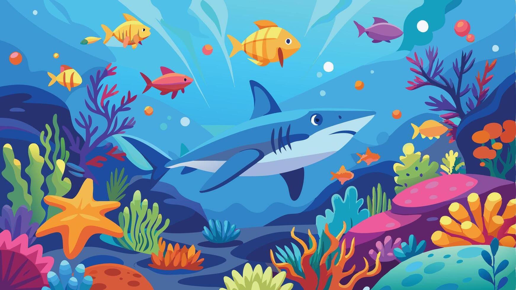 underwater scene with shark and fish vector