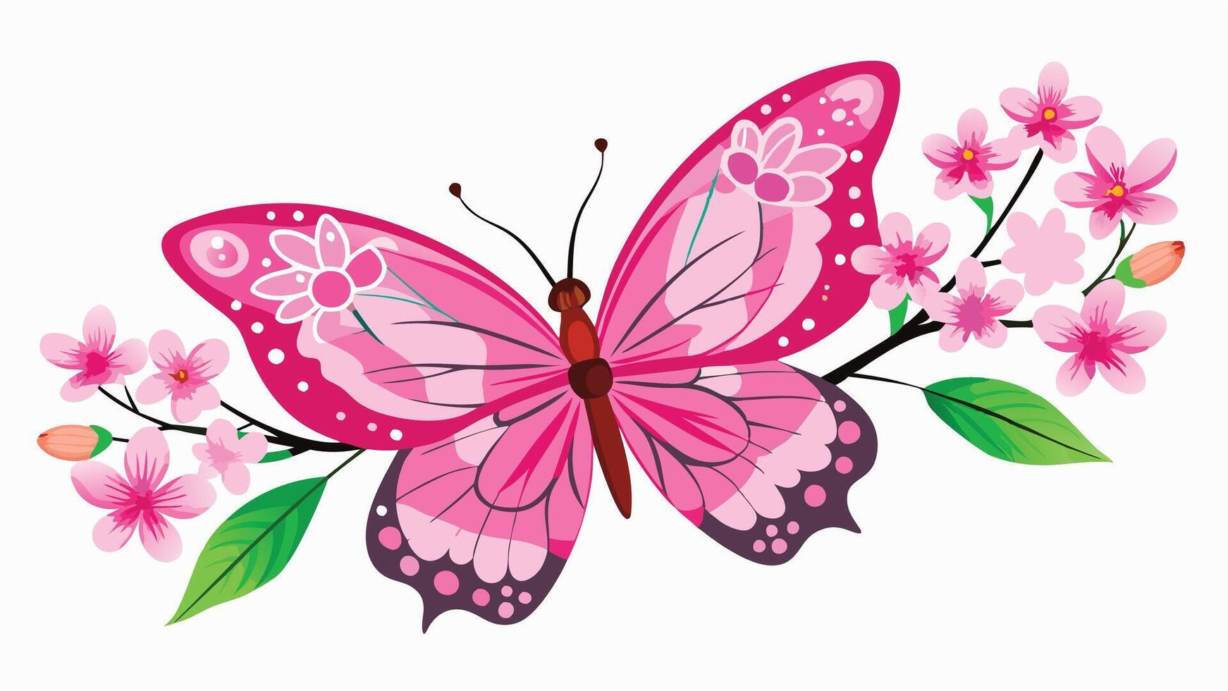 pink butterfly with flowers on a branch vector
