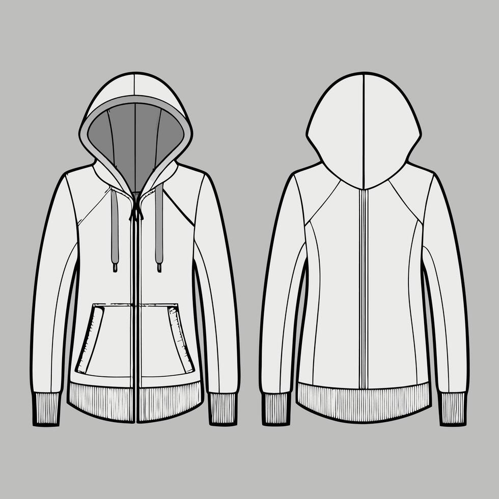 a white hoodie with a zipper and hood vector