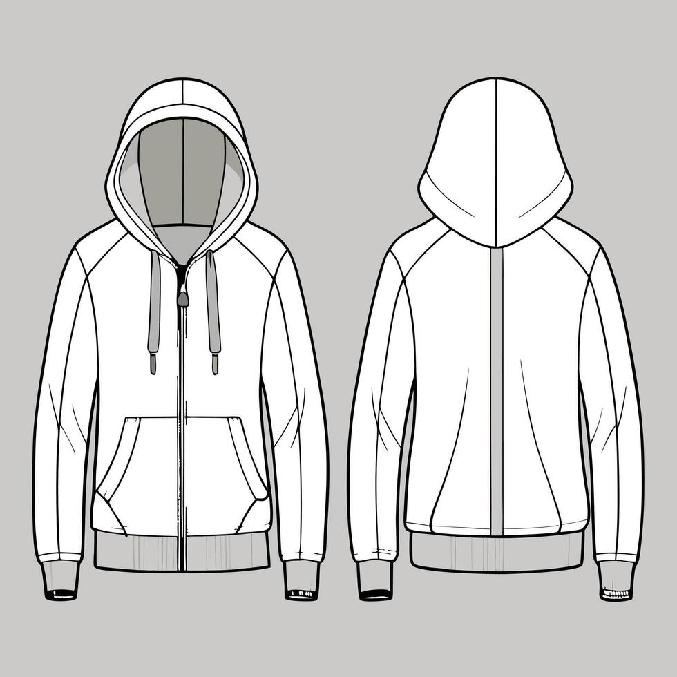 a white hoodie with a zipper and hood vector