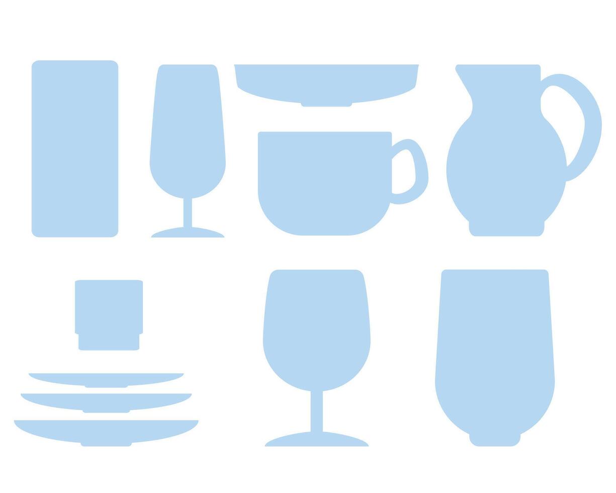 Glassware silhouette set, glasses, plates and jug for kitchen design vector