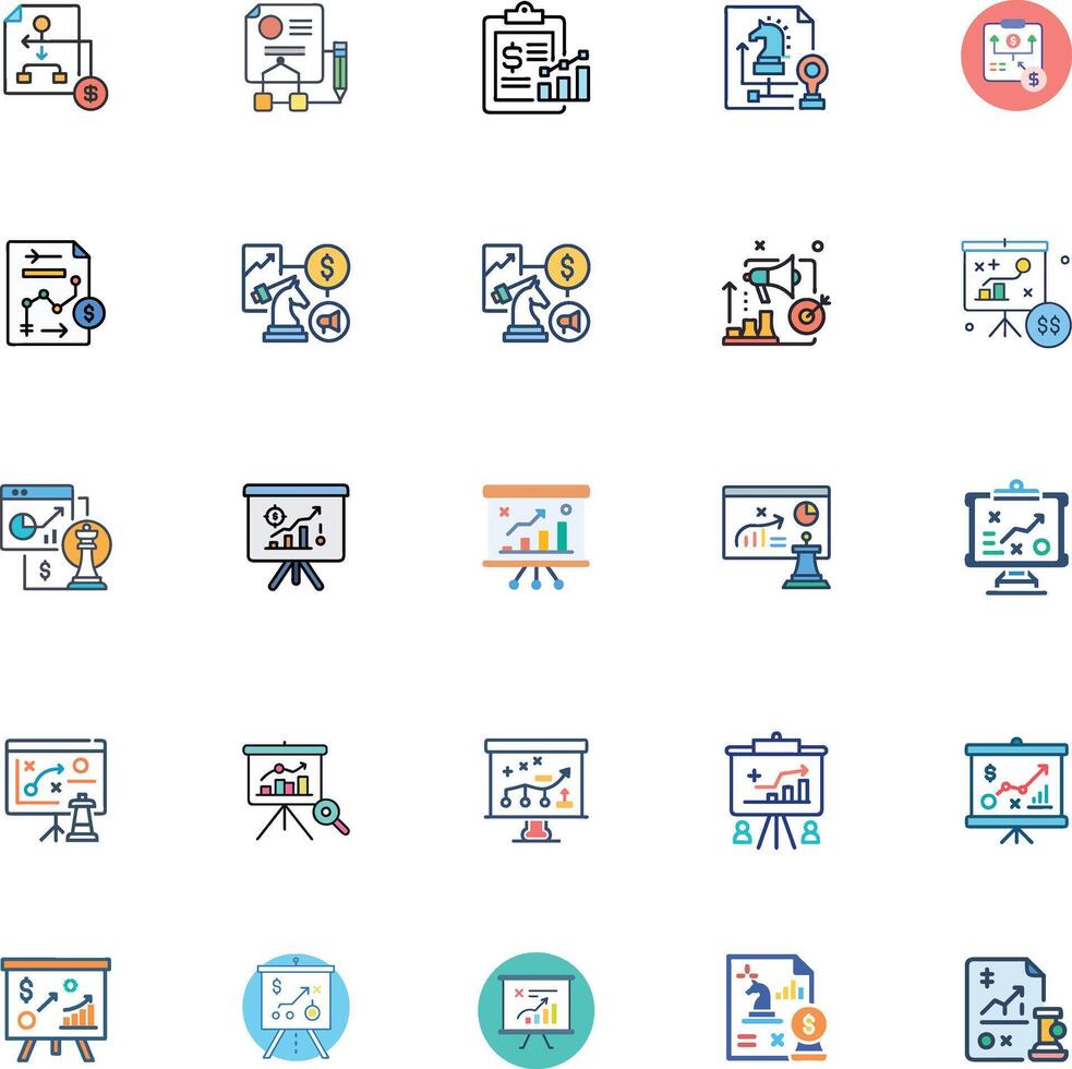Business pland and marketing strategy icon collection set. Containing market share, growth, planning, revenue, decision making, strategy, idea, opportunity icon. Simple flat vector