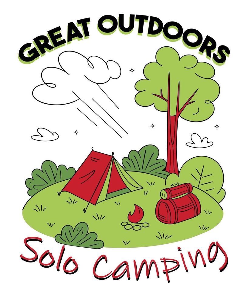 Camping Alone' graphic t-shirt design. Featuring a lone tent under a starlit sky with mountains in the background, this art captures the peaceful essence of solo camping. vector
