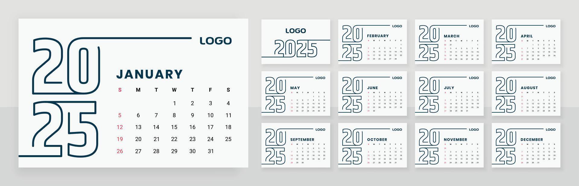 2025 monthly desk calendar template design vector