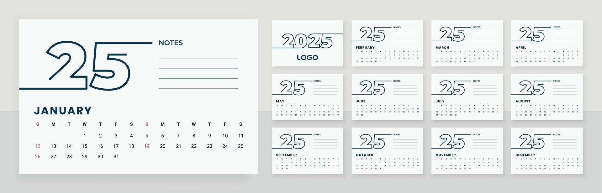 2025 monthly desk calendar template with note vector